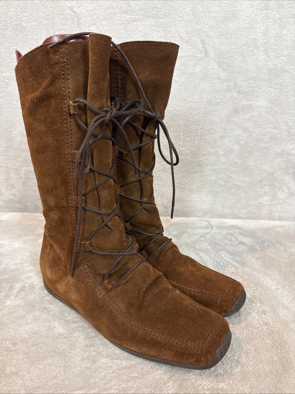 Elle Brown Suede Womens Boot Lace Up Square Toe Y2K Hippie Boho Festival 38 7.5